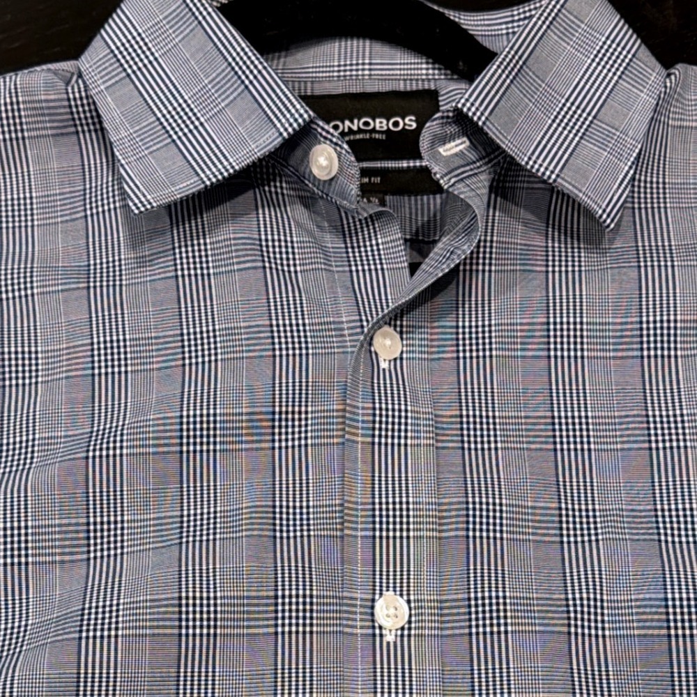 Bonobos Slim Fit Wrinkle Free Dress Shirt Blue Glen Plaid 16.5 34 Mens